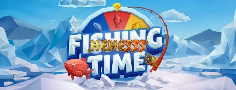 BGaming-এর ফিশিং টাইম গেমের একটি দৃশ্য যেখানে বরফের মধ্যে মাছ ধরার থিম দেখা যাচ্ছে।